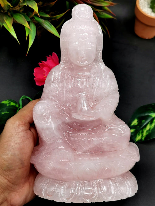 Rose Quartz Guanyin - handmade carving of Kwan Yin in sitting posture - crystal/reiki/healing - 7.6 inches and 1.69 kg (3.72 lb)