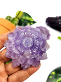 Beautiful amethyst hand carved zinnia flower carving - crystal/gemstone carvings - 2.7 inch and 115 gms (0.25 lb) - ONE PIECE ONLY
