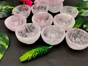 Set of 7 beautiful Rose Quartz hand carved round bowls - 2 inches diameter and total weight 400 gms (0.9 lb) - SEVEN BOWLS