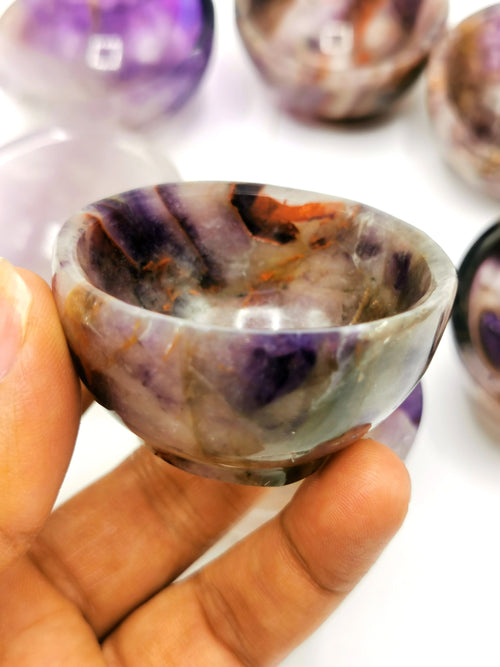 Set of 4 beautiful Amethyst hand carved round bowls - 2 inches diameter and total weight 225 gms (0.49 lb) - FIVE BOWLS