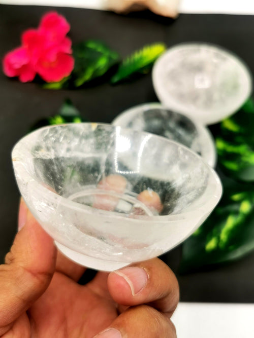 Beautiful clear quartz hand carved round bowls - 3 inches diameter and 145 gms (0.32 lb) - ONE BOWL ONLY
