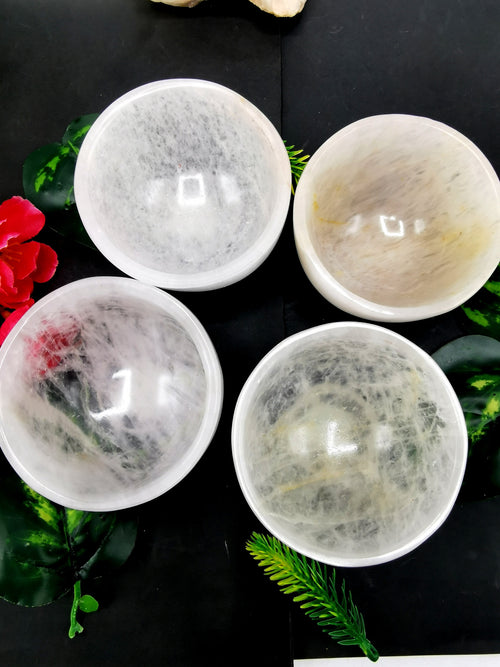 Beautiful white quartz hand carved round bowls - 3 inches diameter and 170 gms (0.37 lb) - ONE BOWL ONLY