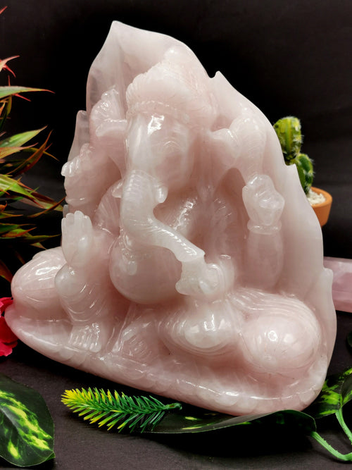 Ganesh Carving Handmade in Rose Quartz -Lord Ganesha Idol |Sculpture in Crystals and Gemstones -Reiki/Chakra/Healing - 7.5 inch and 3.75 kgs