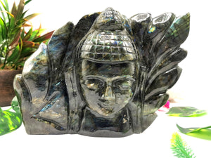 Labradorite Buddha Head on leaf - handmade carving of serene and meditating Lord Buddha - crystal/reiki/chakra -8 inch and 2.48 kg (5.46 lb)