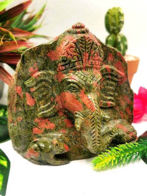 Unakite Handmade Carving of Ganesh - Lord Ganesha Idol/Murti in Crystals and Gemstones - Reiki/Chakra/Healing - 3 inch and 1.07 kg (2.35 lb)