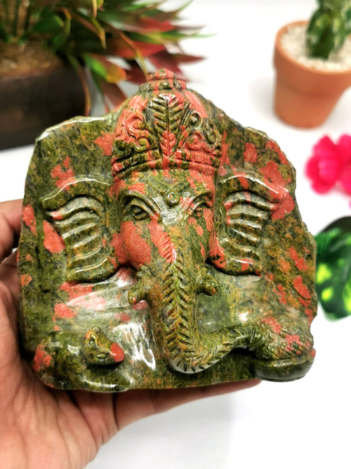 Unakite Handmade Carving of Ganesh - Lord Ganesha Idol/Murti in Crystals and Gemstones - Reiki/Chakra/Healing - 3 inch and 1.07 kg (2.35 lb)