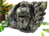 Labradorite Buddha Head on leaf - handmade carving of serene and meditating Lord Buddha - crystal/reiki/chakra -8 inch and 2.48 kg (5.46 lb)