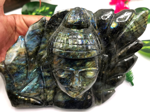 Labradorite Buddha Head on leaf - handmade carving of serene and meditating Lord Buddha - crystal/reiki/chakra -8 inch and 2.48 kg (5.46 lb)