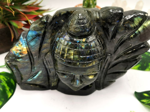 Labradorite Buddha Head on leaf - handmade carving of serene and meditating Lord Buddha - crystal/reiki/chakra -8 inch and 2.48 kg (5.46 lb)