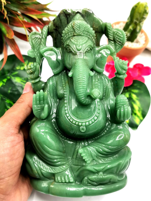Green Aventurine Carving of Ganesh - Lord Ganesha Idol in Crystals/Gemstone - Reiki/Chakra/Healing/Energy - 6.5 in and 1.43 kg (3.15 lb)