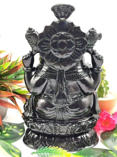 Majestic Black Agate Carving of Ganesh - Lord Ganesha Idol in Crystals/Gemstone - Reiki/Chakra/Healing/Energy - 9 in and 3.53 kg (7.76 lb)