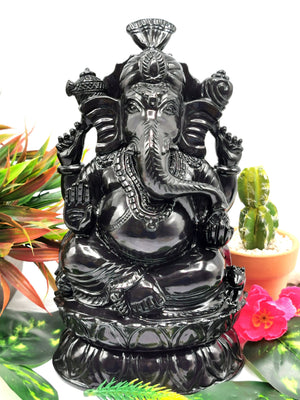 Majestic Black Agate Carving of Ganesh - Lord Ganesha Idol in Crystals/Gemstone - Reiki/Chakra/Healing/Energy - 9 in and 3.53 kg (7.76 lb)