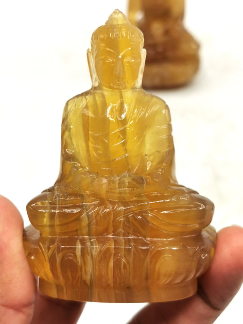 Yellow Fluorite Buddha - handmade carving of serene and meditating Lord Buddha - crystal/reiki/healing - 3 inches and 150 gms (0.33 lb)