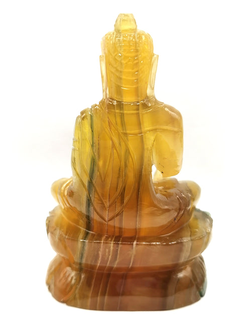 Yellow Fluorite Buddha - handmade carving of serene and meditating Lord Buddha - crystal/reiki/healing - 3.8 inches and 230 gms (0.51 lb)