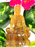 Yellow Fluorite Buddha - handmade carving of serene and meditating Lord Buddha - crystal/reiki/healing - 3.8 inches and 230 gms (0.51 lb)
