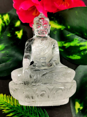 Clear Quartz/Clear Crystal Buddha - handmade carving of serene and meditating Lord Buddha - crystal/reiki/healing - 3 inches and 140 gms