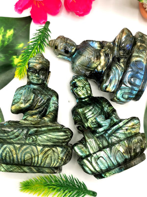 Labradorite Buddha - handmade carving of serene and meditating Lord Buddha - crystal/reiki/healing - 3.5 inches and 200 gms (0.44 lb)