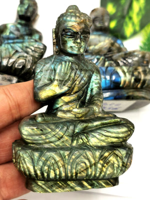 Labradorite Buddha - handmade carving of serene and meditating Lord Buddha - crystal/reiki/healing - 3.5 inches and 200 gms (0.44 lb)