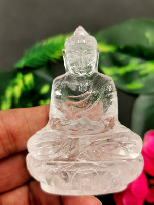 Clear Quartz/Clear Crystal Buddha - handmade carving of serene and meditating Lord Buddha - crystal/reiki/healing - 2.5 inches and 82 gms