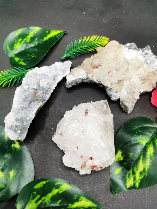 Red stilbite on apophyllite and coated calcite natural mineral free forms (lot of 3 pcs) - reiki/energy/chakra/healing -2 to 4 inch and 0.43 kg