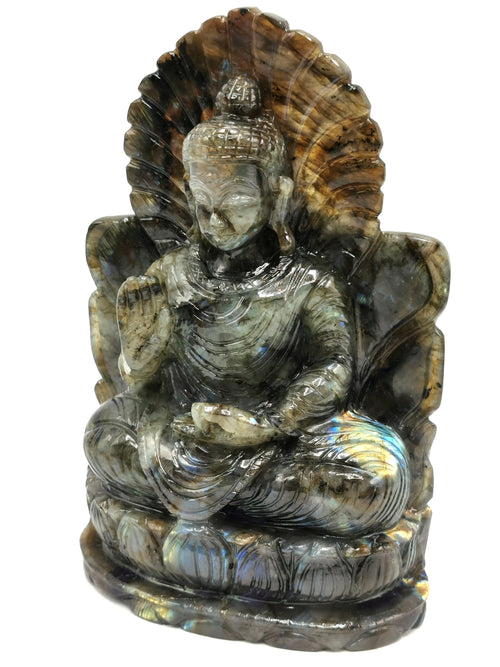 Labradorite Buddha - rare handmade carving of meditating Lord Buddha on a throne - crystal/reiki/healing - 8.5 inches and 2.03 kg (4.47 lb)