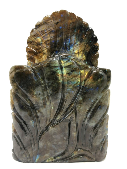 Labradorite Buddha - rare handmade carving of meditating Lord Buddha on a throne - crystal/reiki/healing - 8.5 inches and 2.03 kg (4.47 lb)