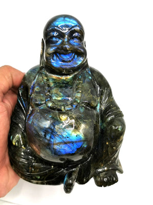 Labradorite Laughing Buddha - handmade carving of serene and smiling Buddha or Hotei - crystal/reiki/healing - 5 inch and 1.24 kg (2.73 lb)