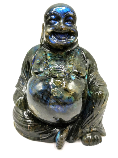 Labradorite Laughing Buddha - handmade carving of serene and smiling Buddha or Hotei - crystal/reiki/healing - 5 inch and 1.24 kg (2.73 lb)