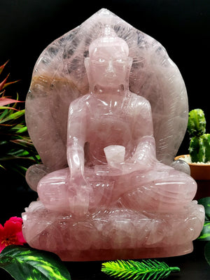 Rose Quartz Buddha - handmade carving of serene and meditating Lord Buddha - crystal/ home decor - 9 inches and 3.3 kg (7.26 lb)