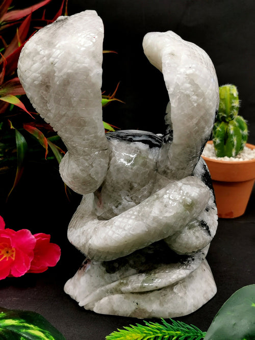 Unique carving of a pair of cobra snakes with raised hood in moonstone - crystal healing / chakra / reiki - 7.5 inches and 1.79 kg (3.94 lb) animal carving