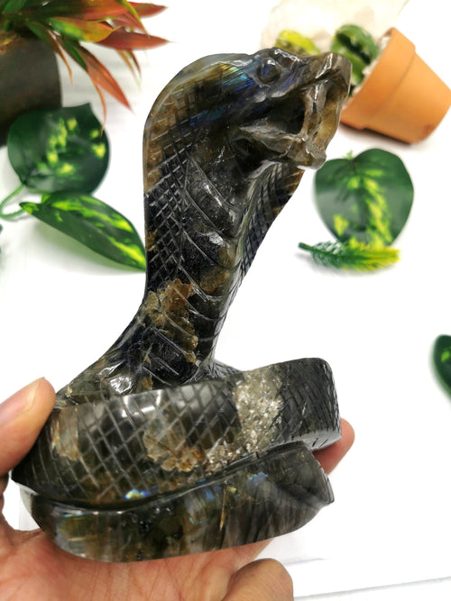 Cobra snake carving in Labradorite stone - crystal healing / chakra / reiki / energy - 5.8 inches and 940 gms (2.07 lb) Animal carving