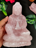 Rose Quartz Kwan Yin - handmade carving of Guanyin in sitting posture - crystal/reiki/healing - 7 inches and 1.16 kg (2.55 lb)