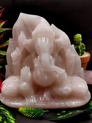 Ganesh Carving Handmade in Rose Quartz -Lord Ganesha Idol |Sculpture in Crystals and Gemstones -Reiki/Chakra/Healing - 7.5 inch and 3.75 kgs