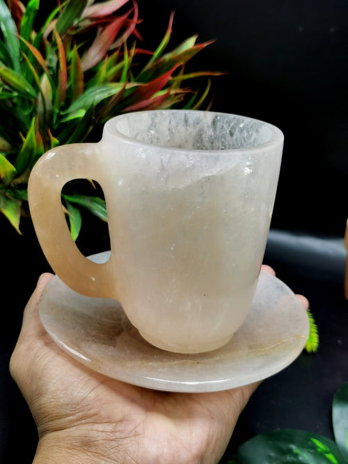 Beautiful White Quartz Tea Cup & Saucer, with Red Quartz inclusions - ONLY 1 Cup and 1 Saucer