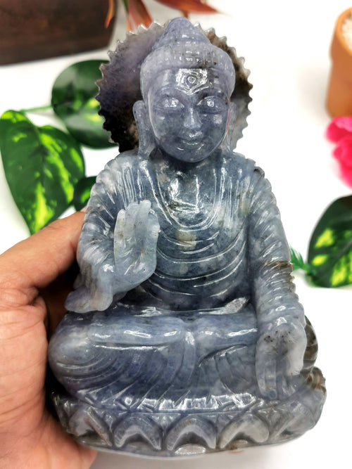 Iolite Buddha - handmade carving of serene and meditating Lord Buddha - crystal/reiki/healing - 6 inches and 1.16 kg (2.55 lb)