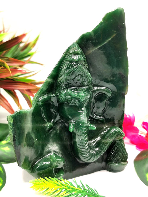 Dark Green Aventurine Abstract Carving of Ganesh - Lord Ganesha Idol in Crystals/Gemstone - Reiki/Chakra/Healing -6 in and 1.23 kg (2.71 lb)