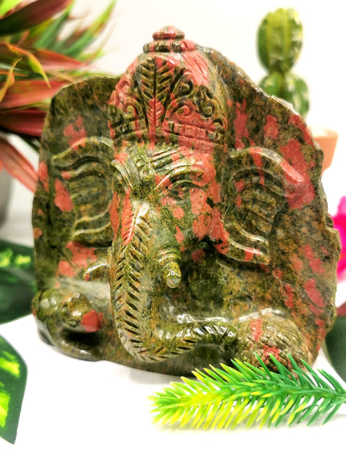 Unakite Handmade Carving of Ganesh - Lord Ganesha Idol/Murti in Crystals and Gemstones - Reiki/Chakra/Healing - 3 inch and 1.07 kg (2.35 lb)