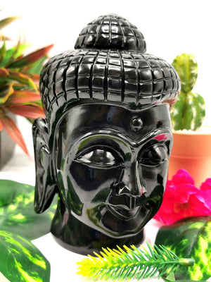 Black agate hand carved Buddha Head - carving of serene and meditating Lord Buddha - crystal/reiki/chakra - 5.5 inch and 1.56 kg (3.43 lb)