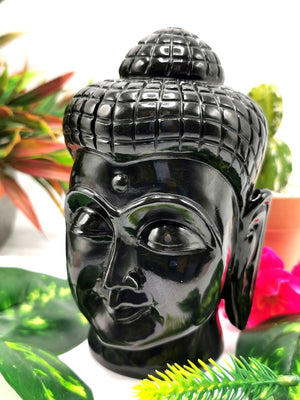 Black agate hand carved Buddha Head - carving of serene and meditating Lord Buddha - crystal/reiki/chakra - 5.5 inch and 1.56 kg (3.43 lb)