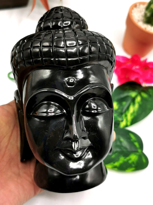 Black agate hand carved Buddha Head - carving of serene and meditating Lord Buddha - crystal/reiki/chakra - 5.5 inch and 1.56 kg (3.43 lb)