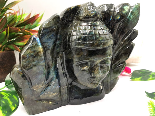 Labradorite Buddha Head on leaf - handmade carving of serene and meditating Lord Buddha - crystal/reiki/chakra -8 inch and 2.48 kg (5.46 lb)