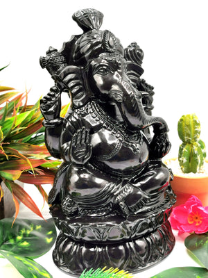 Majestic Black Agate Carving of Ganesh - Lord Ganesha Idol in Crystals/Gemstone - Reiki/Chakra/Healing/Energy - 9 in and 3.53 kg (7.76 lb)