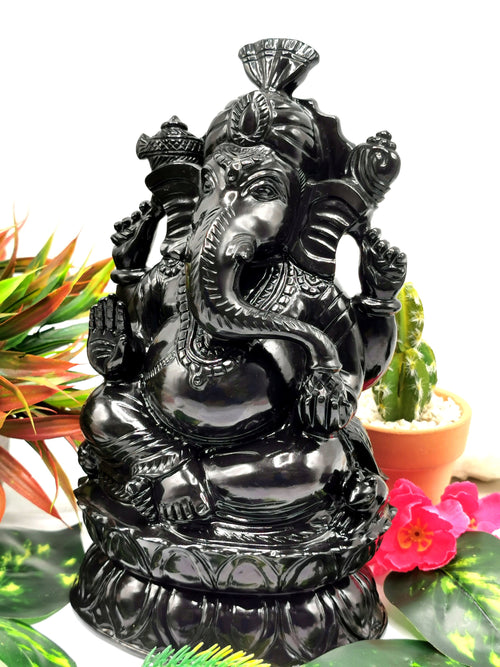 Majestic Black Agate Carving of Ganesh - Lord Ganesha Idol in Crystals/Gemstone - Reiki/Chakra/Healing/Energy - 9 in and 3.53 kg (7.76 lb)