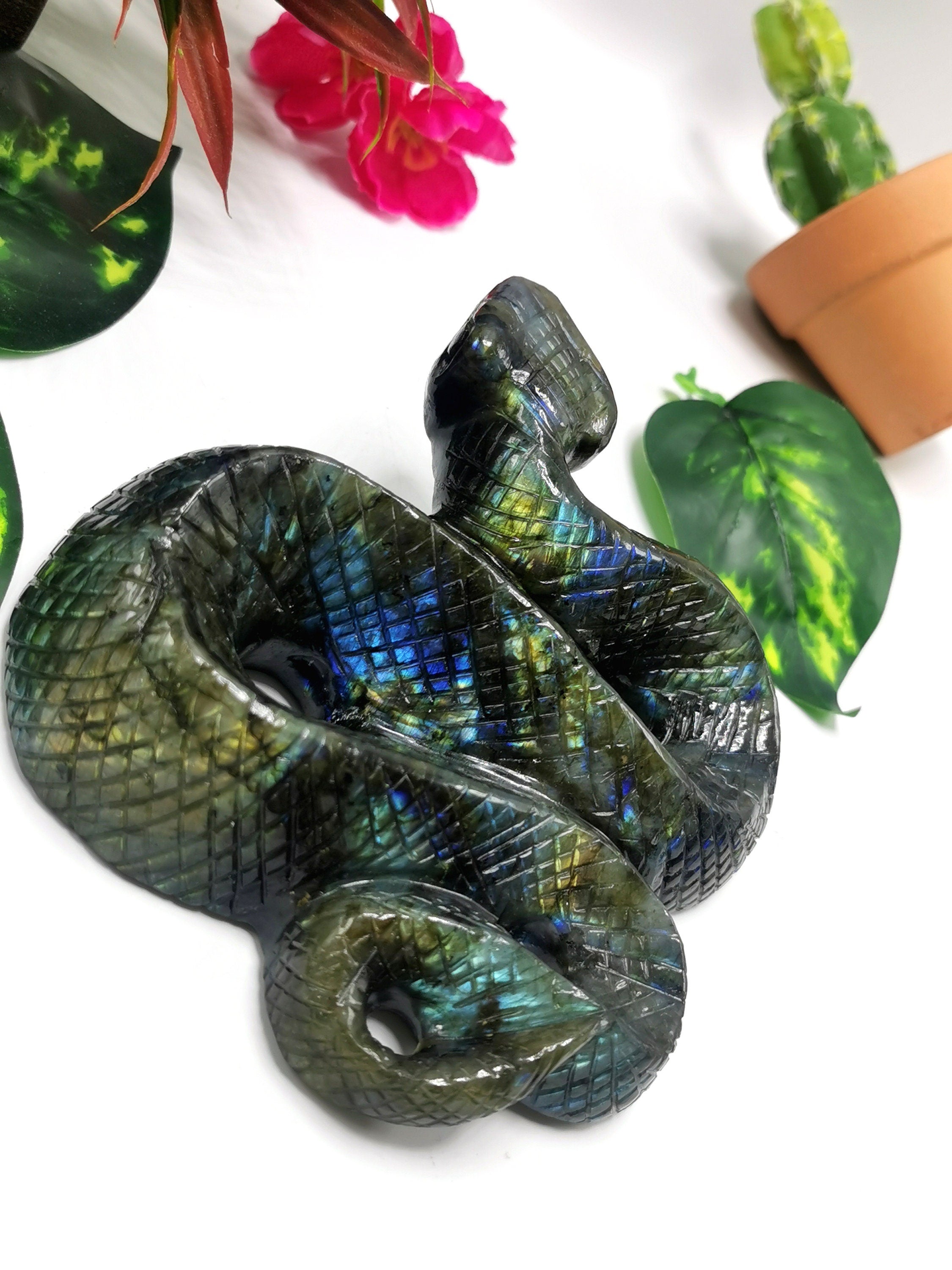 Slithering snake carving in Labradorite stone - crystal healing / chak