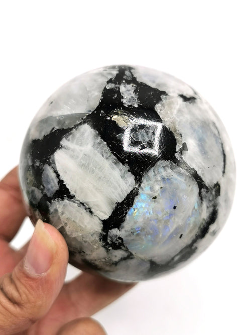 Large natural moonstone sphere/ball - handmade carvings - energy/chakra/reiki - 3 inch (7.5 cms) dia and 0.80 kg (1.76 lb)