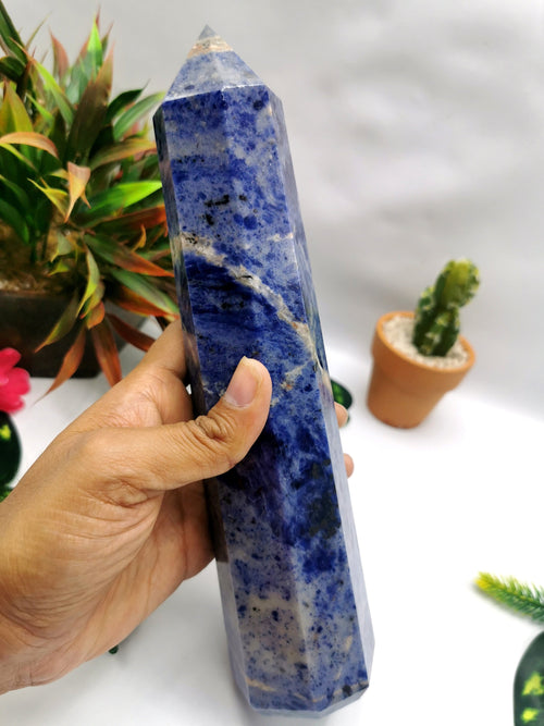 Large 8-face Sodalite point/wand/tower -handmade carvings - energy/chakra/reiki - 9.5 in (24 cms) height and 1.18 kg (2.60 lb)