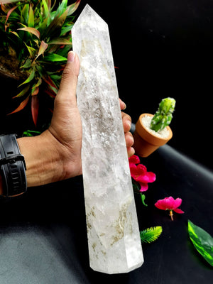 Large 8-face Clear Quartz point/wand/tower -handmade carvings - energy/chakra/reiki - 12.2 in (30.5 cms) height and 1.76 kg (3.87 lb)