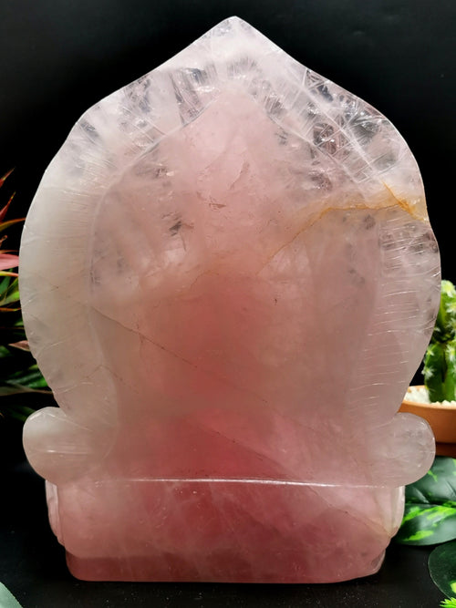 Rose Quartz Buddha - handmade carving of serene and meditating Lord Buddha - crystal/ home decor - 9 inches and 3.3 kg (7.26 lb)