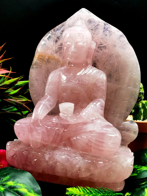 Rose Quartz Buddha - handmade carving of serene and meditating Lord Buddha - crystal/ home decor - 9 inches and 3.3 kg (7.26 lb)