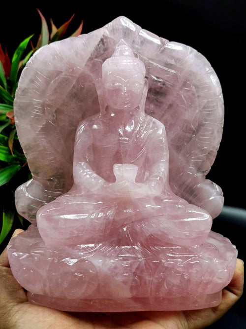 Rose Quartz Buddha - handmade carving of serene and meditating Lord Buddha - crystal/ home decor - 7 inches and 1.82 kg (4.0 lb)